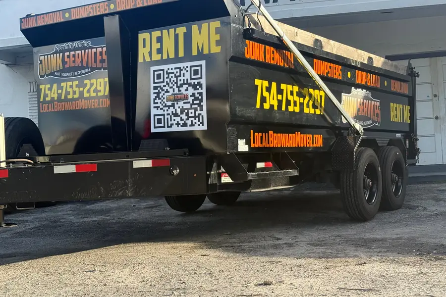 Specialty Moving Junk Services Rent Me dumpster trailer with phone number and QR code
